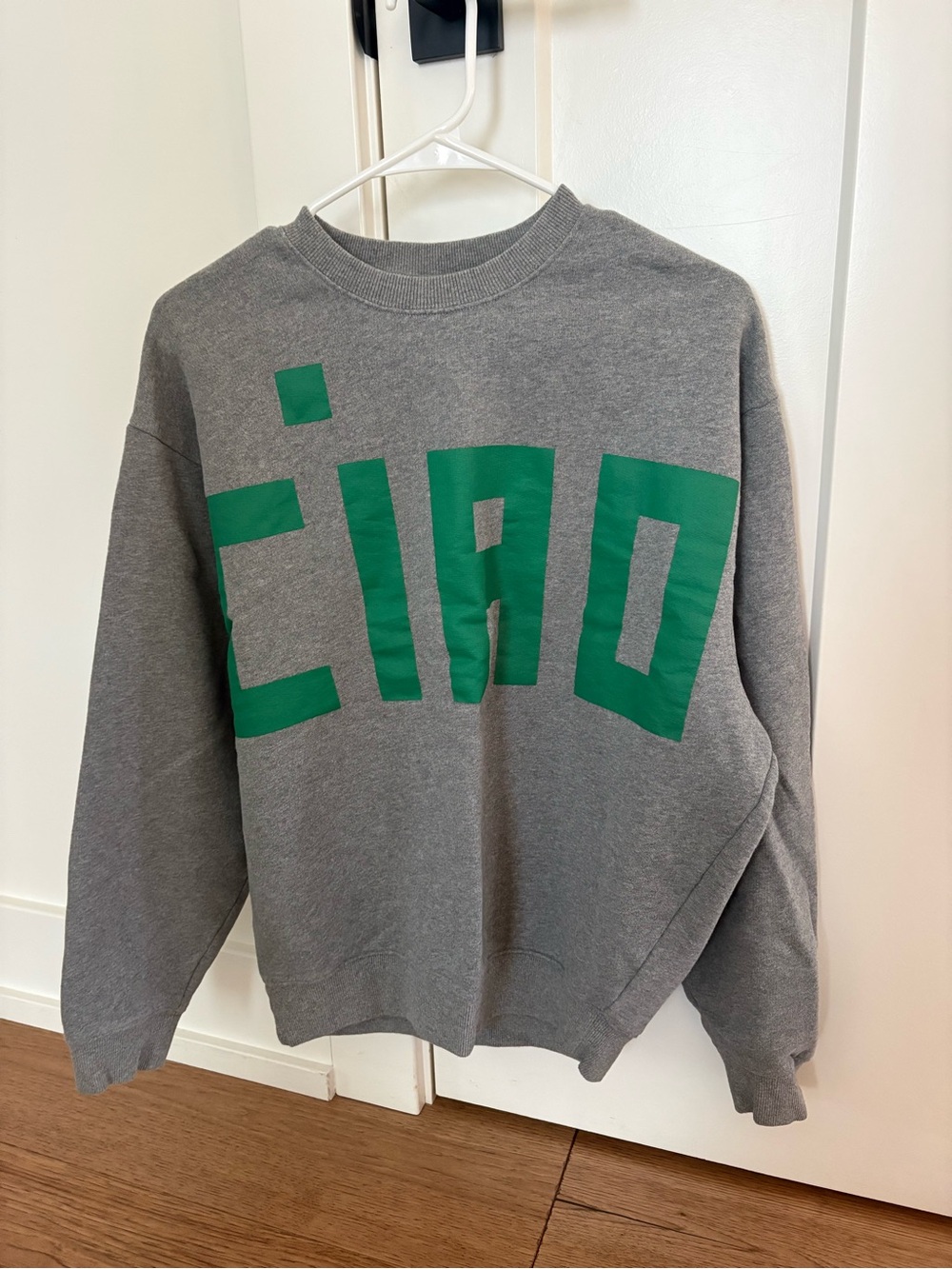 Clare V Gray CIAO Crewneck Sweatshirt with Green Logo